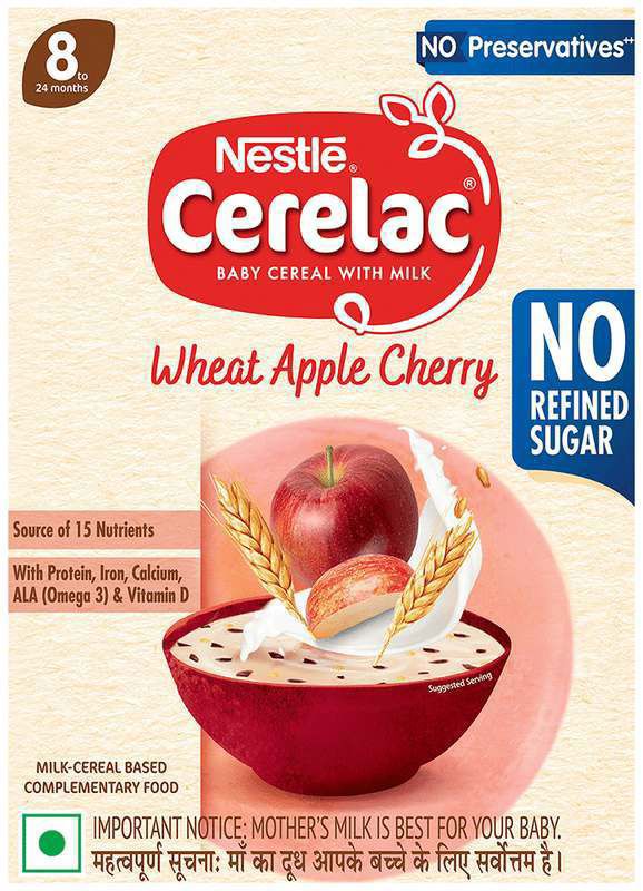 Nestle Cerelac Baby Cereal with Milk from 8 to 24 Months Rich in Iron Omega 3 Iron Protein Calcium for Babies Instant infant Cereal - No Preservatives Wheat Apple Cherry No Refined Sugar (box of 360 gm powder)