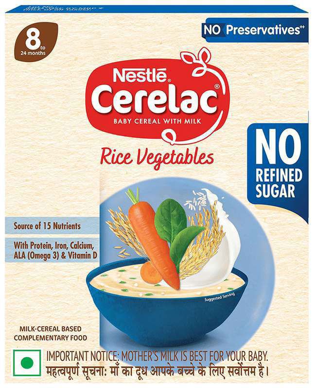 Nestle Cerelac Baby Cereal with Milk from 8 to 24 Months Rich in Iron Omega 3 Iron Protein Calcium for Babies Instant infant Cereal - No Preservatives Rice Vegetable No Refined Sugar (box of 300 gm powder)