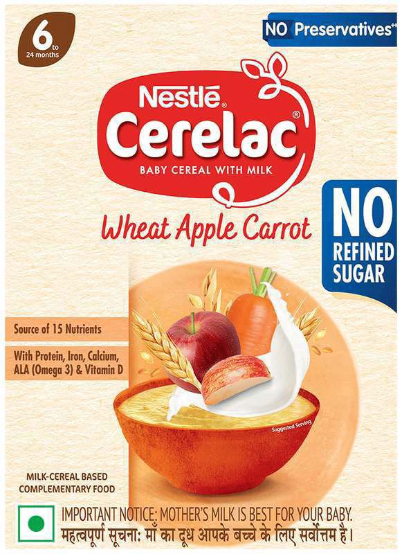 Nestle Cerelac Baby Food Cereal (from 6 to 24 Months) - Source of Iron & Protein - No Preservatives - Wheat Apple Carrot No Refined Sugar (box of 330 gm powder)