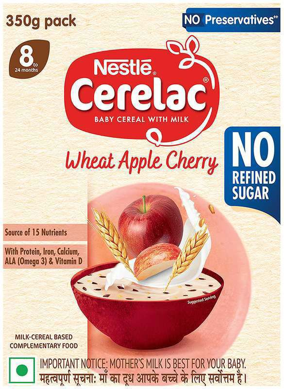 Nestle Powder Cerelac Baby Cereal with Milk from 8 to 24 Months Rich in Iron Omega 3 Iron Protein Calcium for Babies Instant infant Cereal - No Preservatives Wheat Apple Cherry No Refined Sugar (box of 350 gm powder)