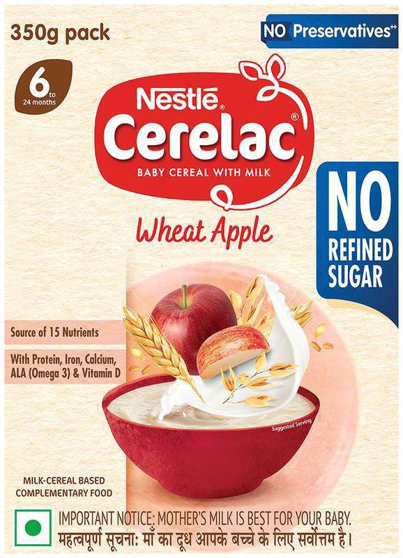 Nestle Cerelac Baby Food Cereal (from 6 to 24 Months) - Source of Iron & Protein - No Preservatives - Wheat Apple No Refined Sugar (box of 350 gm powder)