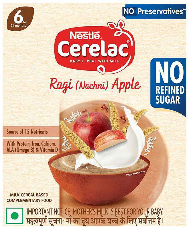 Nestle Cerelac Baby Food Cereal (from 6 to 24 Months) - Source of Iron & Protein - No Preservatives Ragi Nachni Apple No Refined Sugar (box of 300 gm powder)