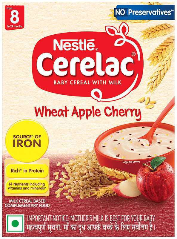 Nestle Cerelac Baby Cereal with Milk from 8 to 24 Months Rich in Iron Omega 3 Iron Protein Calcium for Babies Instant infant Cereal - No Preservatives Wheat Apple Cherry (box of 360 gm powder)