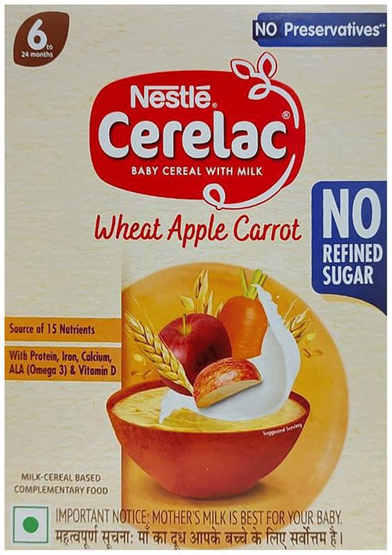Nestle Cerelac Baby Food Cereal (from 6 to 24 Months) - Source of Iron & Protein - No Preservatives - Wheat Apple Carrot No Refined Sugar (box of 300 gm powder)