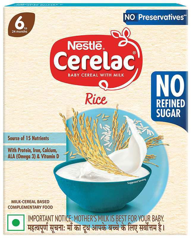 Nestle Cerelac Baby Food Cereal (from 6 to 24 Months) - Source of Iron & Protein - No Preservatives Rice No Refined Sugar (box of 300 gm powder)