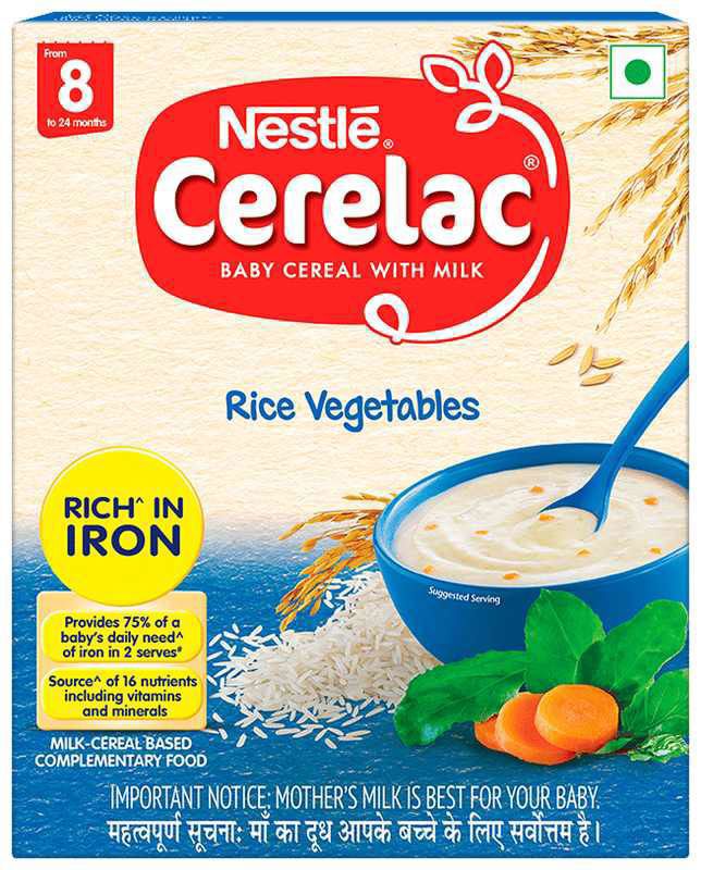 Nestle Cerelac Baby Cereal with Milk from 8 to 24 Months - Rich in Iron - Rice Vegetables (box of 300 gm powder)
