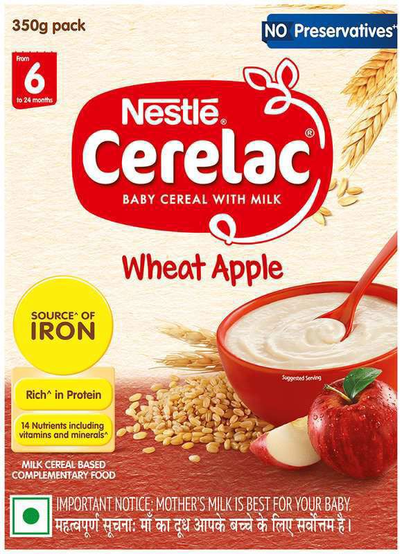 Nestle Cerelac Baby Food Cereal (from 6 to 24 Months) - Source of Iron & Protein - No Preservatives Wheat Apple (box of 350 gm powder)