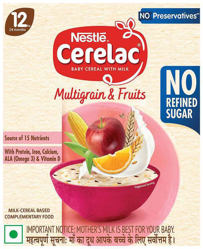 Nestle Cerelac Baby Food Cereal - No Preservative - No Refined Sugar - Multigrain & Fruits No Refined Sugar 12 to 24 Months (box of 300 gm powder)