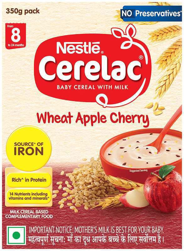 Nestle Cerelac Baby Cereal with Milk from 8 to 24 Months Rich in Iron Omega 3 Iron Protein Calcium for Babies Instant infant Cereal - No Preservatives Wheat Apple Cherry (box of 350 gm powder)