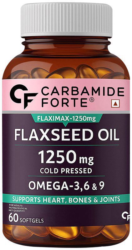 Carbamide Forte Cold Pressed Flaxseed Oil with 1250mg Omega 3-6-9 - Softgel Capsule for Heart, Bones & Joints Health (bottle of 60 soft gelatin capsules)