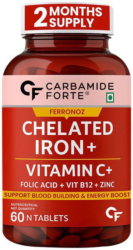 Carbamide Forte Chelated Iron with Folic Acid, Zinc, Vitamin C & B12 for Blood Building & Energy - Tablet (bottle of 60 tablets)