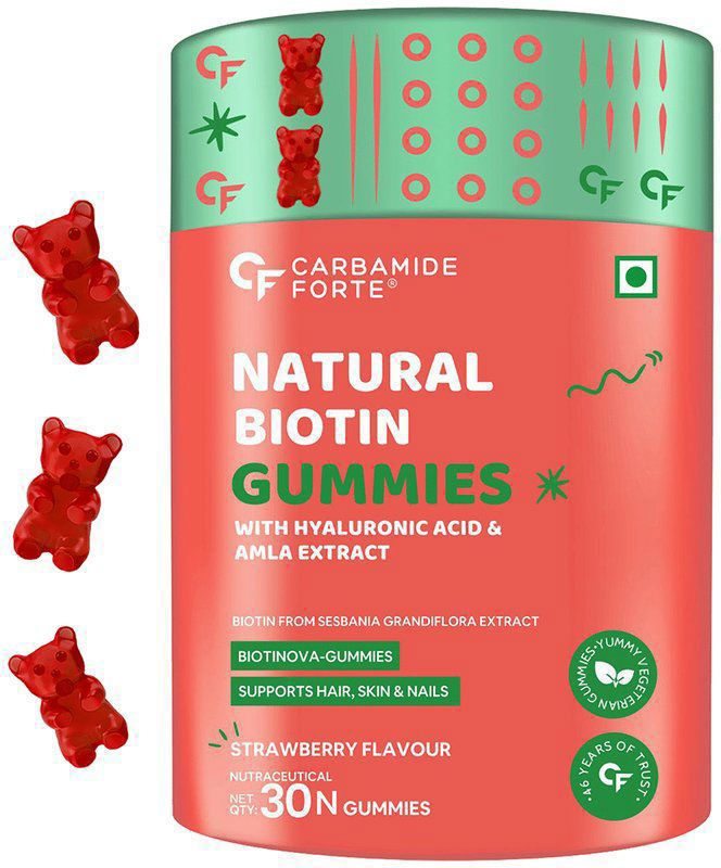 Carbamide Forte Biotin with Hyaluronic Acid & Amla - For Skin, Hair & Nail Health - Flavour Strawberry (bottle of 30 gummies)