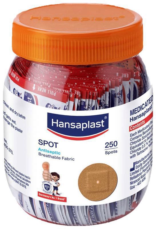 Hansaplast Spot Adhesive Bandage for Small Cuts & Wounds - Blocks 99% of Bacteria (jar of 250 band aids)