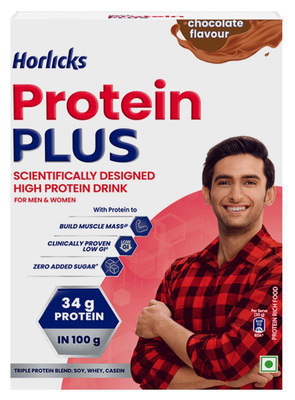 Horlicks Protein Plus with Triple Protein Blend of Soy, Whey, Casein - No Added Sugar - Flavour Chocolate (box of 400 gm powder)