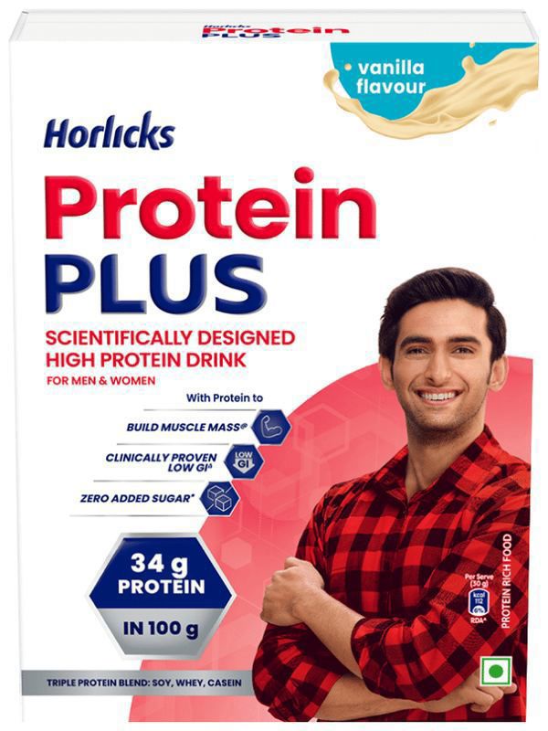Horlicks Protein Plus with Triple Protein Blend of Soy, Whey, Casein - No Added Sugar - Flavour Vanilla (box of 400 gm powder)