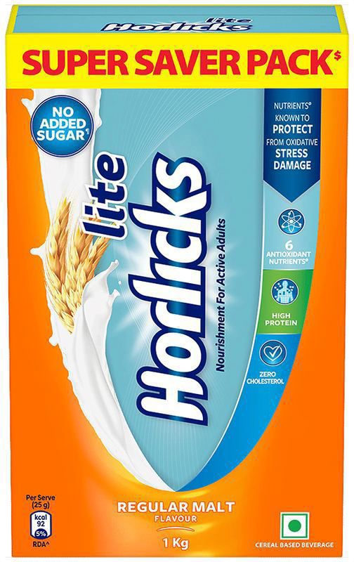 Horlicks Lite with Antioxidant Nutrients, Protein & No Added Sugar for Stamina, Bones, Immunity & Growth Regular Malt (box of 1 kg powder)