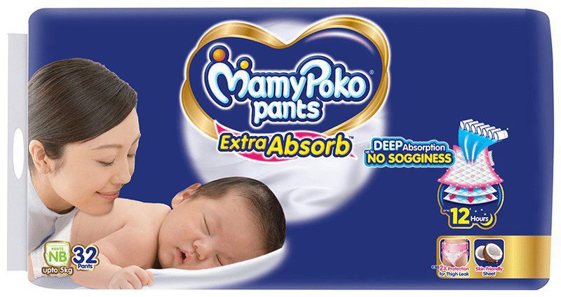 MamyPoko Extra Absorb Diaper Pants - For Up To 12 Hours Absorption - Size NB (packet of 32 diapers)