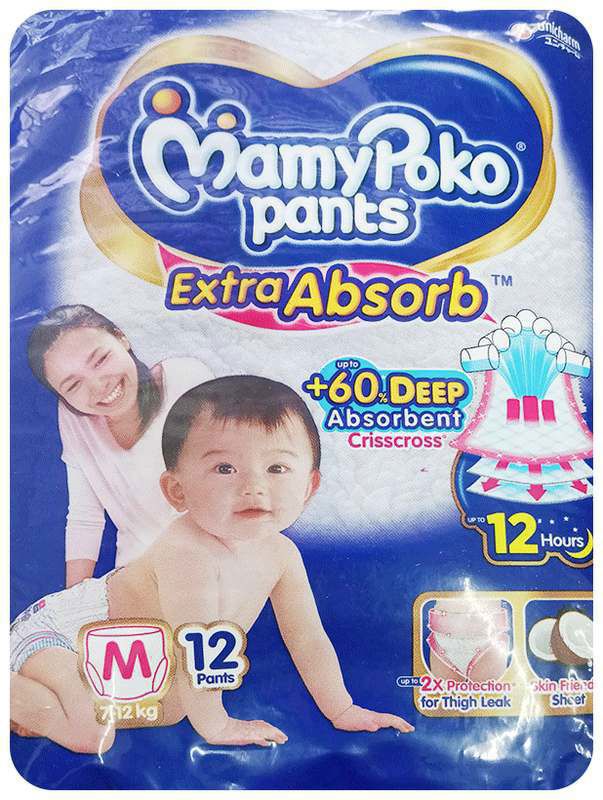 MamyPoko Extra Absorb Diaper Pants - For Up To 12 Hours Absorption - Size Medium (packet of 12 diapers)