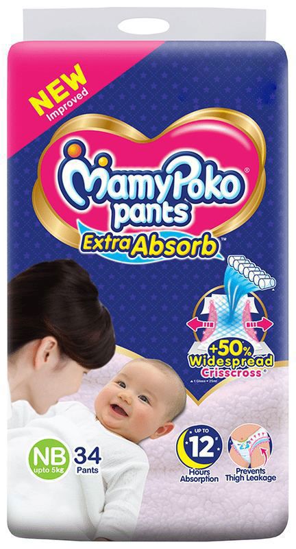 MamyPoko Extra Absorb Diaper Pants - For Up To 12 Hours Absorption - Size NB (packet of 34 diapers)