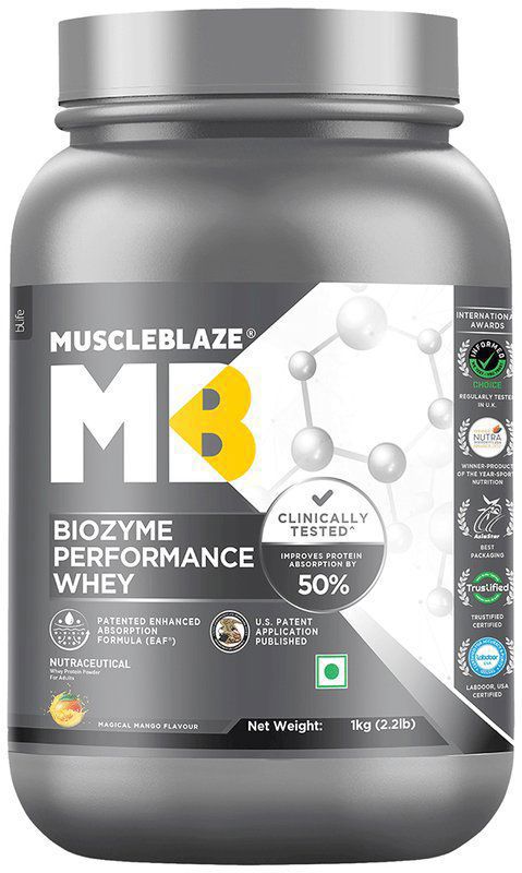 MuscleBlaze Biozyme Performance Whey Protein Powder - Flavour Magical Mango (jar of 1 kg powder)