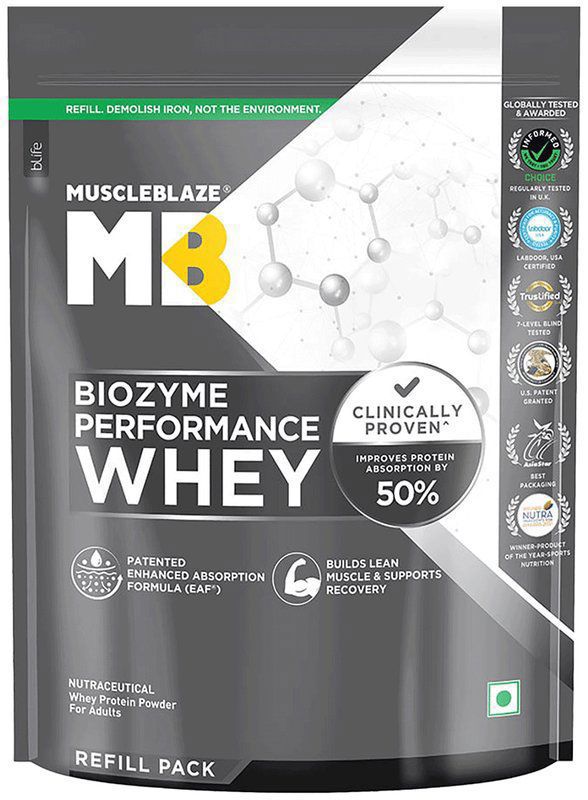 MuscleBlaze Biozyme Performance Whey Protein Powder - Flavour Rich Chocolate Refill Pack (packet of 1 kg powder)
