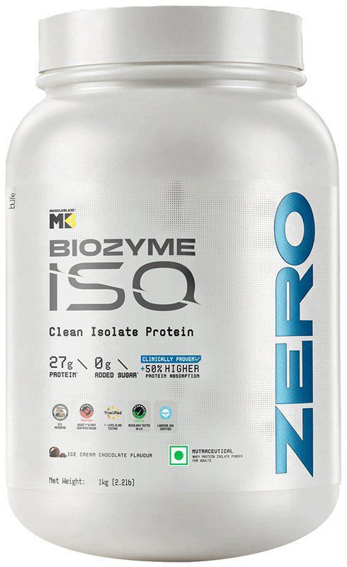 MuscleBlaze Biozyme Iso-Zero Whey Protein Isolate Powder - 27g Protein Per Scoop - Flavour Ice Cream Chocolate (jar of 1 kg powder)