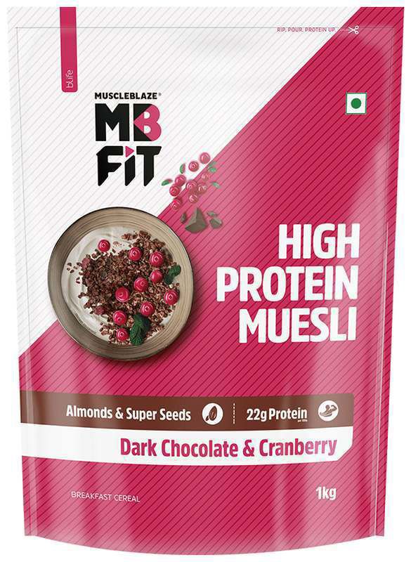 MuscleBlaze Fit High Protein Muesli 22 g Protein - Flavour Dark Chocolate & Cranberry (packet of 1 kg muesli)