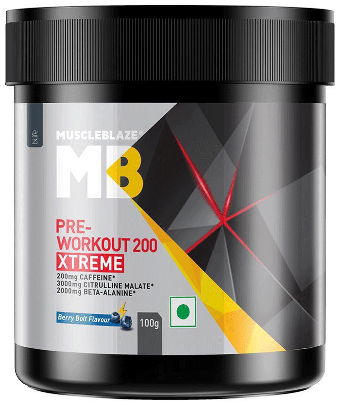 MuscleBlaze Pre-Workout 200 Xtreme - For Energy, Endurance & Muscle Pump Powder Berry Bolt (jar of 100 gm powder)