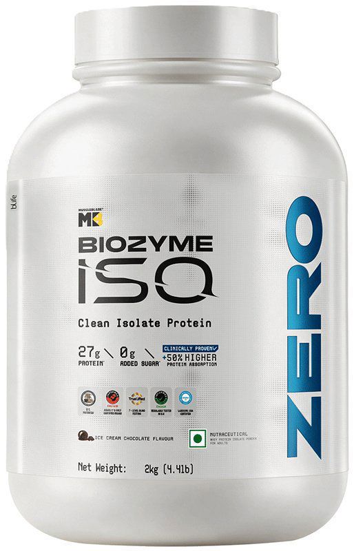 MuscleBlaze Biozyme Iso-Zero Whey Protein Isolate Powder - 27g Protein Per Scoop - Flavour Ice Cream Chocolate (jar of 2 kg powder)