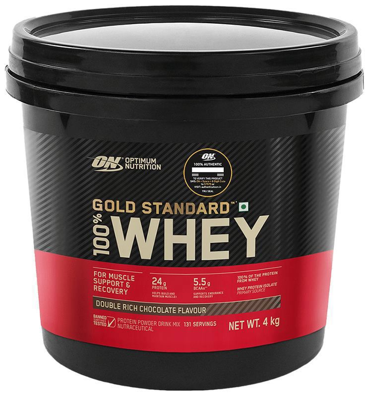 Optimum Nutrition (ON) Gold Standard 100% Whey Protein for Muscle Recovery - No Added Sugar - Flavour Powder Double Rich Chocolate (bucket of 4 kg powder)