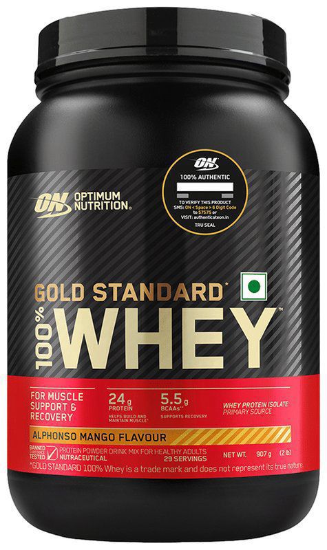 Optimum Nutrition (ON) Gold Standard 100% Whey Protein - For Muscle Recovery - No Added Sugar - Flavour Alphonso Mango (jar of 907 gm powder)