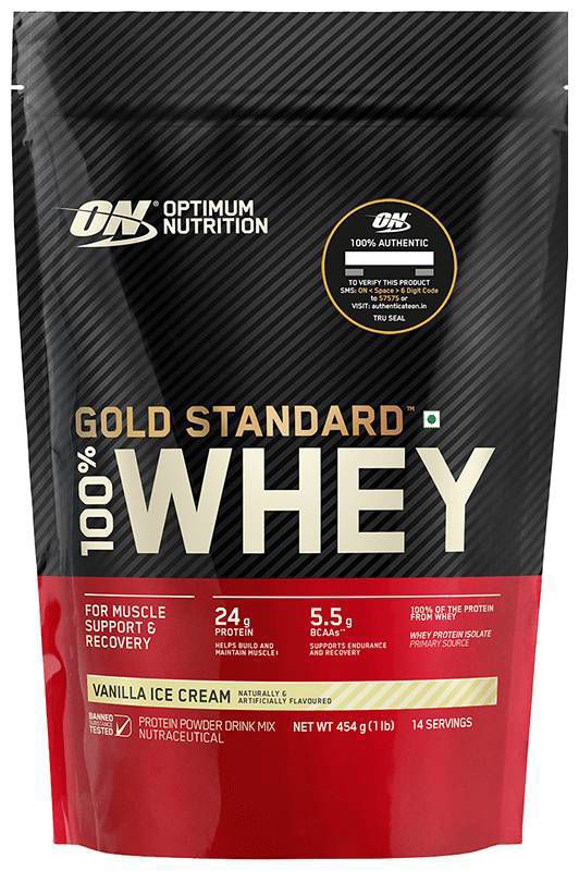 Optimum Nutrition (ON) Gold Standard 100% Whey Protein - For Muscle Recovery - No Added Sugar - Flavour Powder Vanilla Icecream (packet of 1 lb powder)