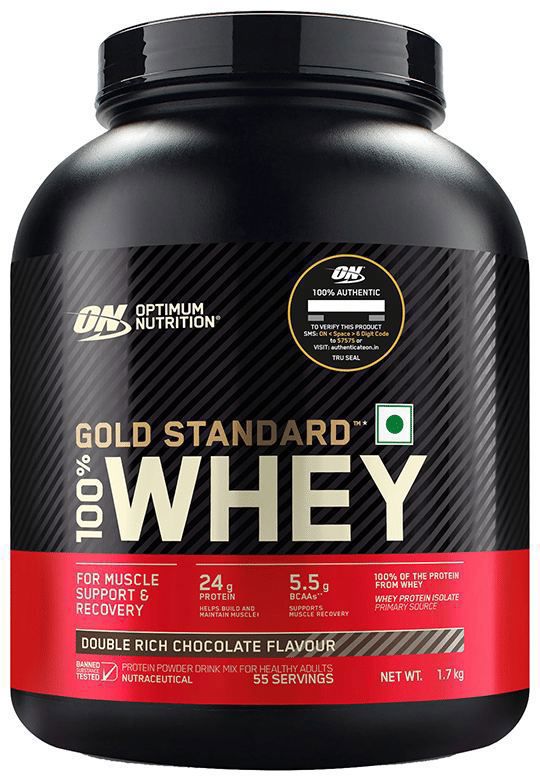Optimum Nutrition (ON) Gold Standard 100% Whey Protein - For Muscle Recovery - No Added Sugar - Flavour Powder Double Rich Chocolate (jar of 1.7 kg powder)