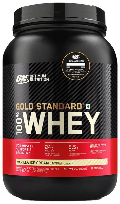 Optimum Nutrition (ON) Gold Standard 100% Whey Protein - For Muscle Recovery - No Added Sugar - Flavour Powder Vanilla Icecream (box of 2 lb powder)