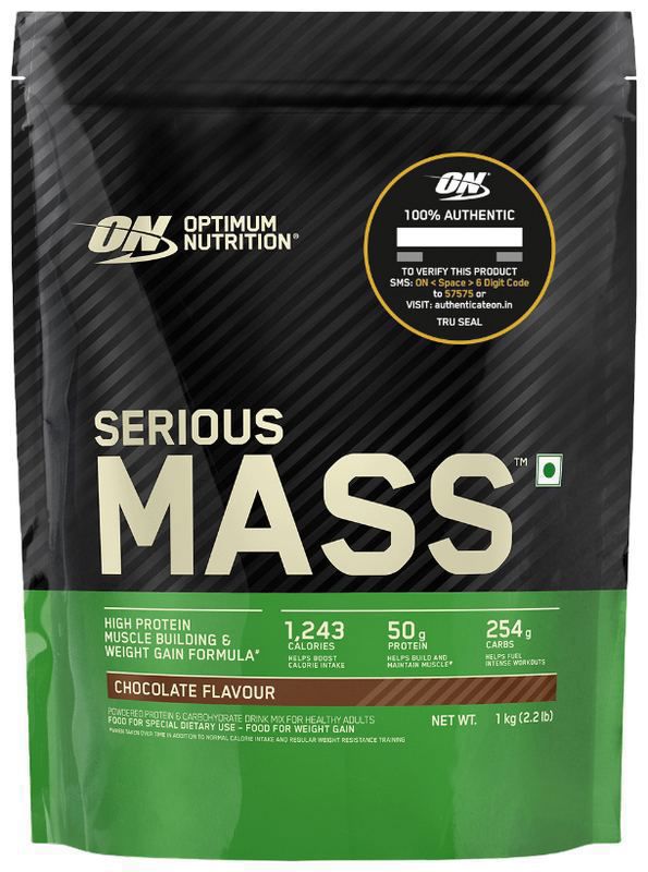 Optimum Nutrition (ON) Serious Mass High Protein for Weight Gain & Muscle Building - Flavour Powder Chocolate (packet of 1 kg powder)