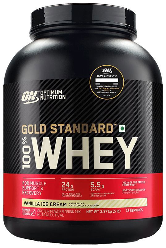 Optimum Nutrition (ON) Gold Standard 100% Whey Protein - For Muscle Recovery - No Added Sugar - Flavour Powder Vanilla Icecream (jar of 5 lb powder)