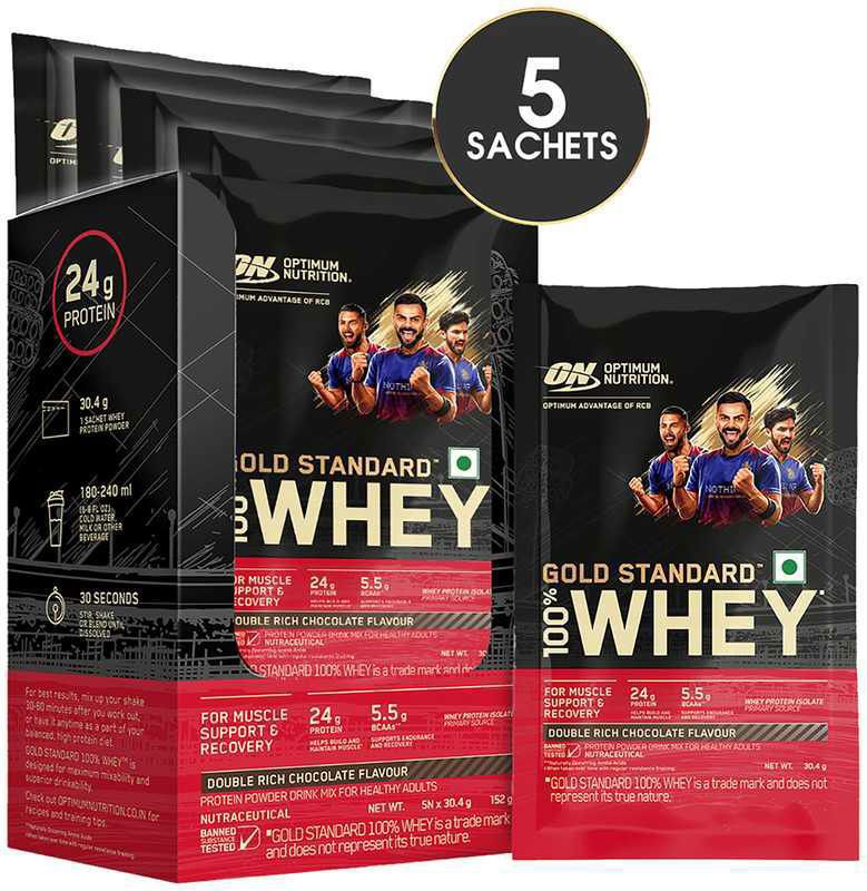 Optimum Nutrition (ON) Gold Standard 100% Whey Protein Isolate - Powder for Muscle Recovery - Flavour Double Rich Chocolate (box of 5 sachets)