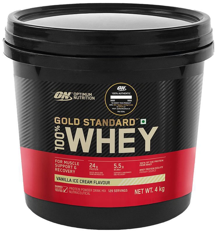 Optimum Nutrition (ON) Gold Standard 100% Whey Protein for Muscle Recovery - No Added Sugar - Flavour Powder Vanilla Icecream (bucket of 4 kg powder)