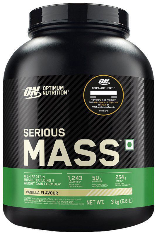 Optimum Nutrition (ON) Serious Mass High Protein for Weight Gain & Muscle Building - Flavour Powder Vanilla (jar of 3 kg powder)