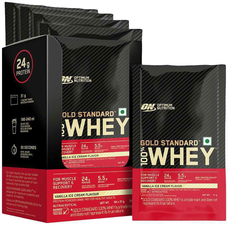 Optimum Nutrition Gold Standard 100% Whey Protein Isolate Powder (31gm Each) Vanilla Icecream (box of 5 sachets)