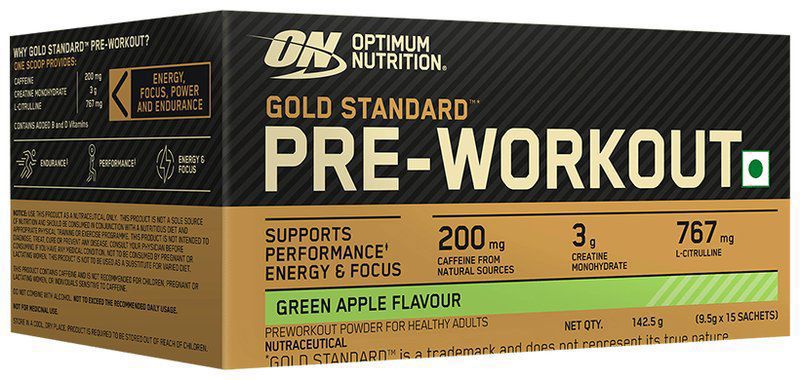 Optimum Nutrition (ON) Gold Standard Pre-Workout Sachet (9.5gm Each) Green Apple (box of 15 sachets)