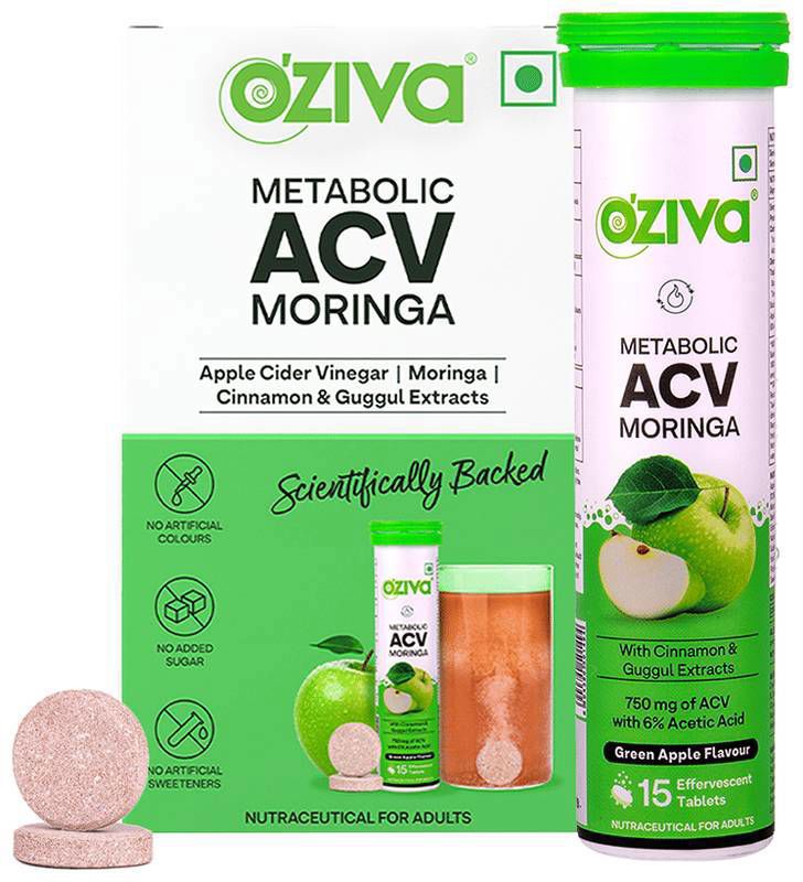 Oziva Metabolic ACV Moringa Effervescent Tablet (15 Each) Green Apple (box of 1 bottle)