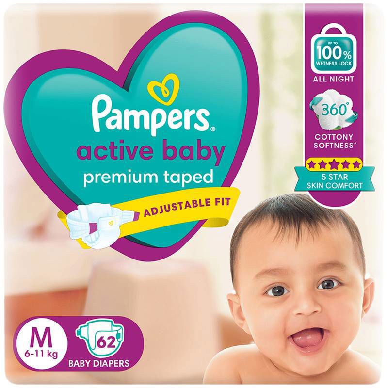 Pampers Active Baby with Comfortable Fit - Size Diaper Medium (packet of 62 diapers)