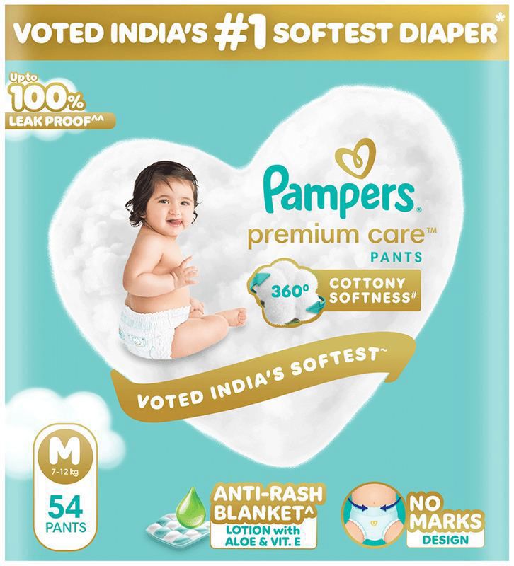 Pampers Premium Care Pants - No Marks Design - India’s Softest Diaper - Size Medium (packet of 54 diapers)