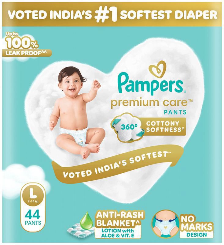 Pampers Premium Care Pants - No Marks Design - India’s Softest Diaper - Size Large (packet of 44 diapers)