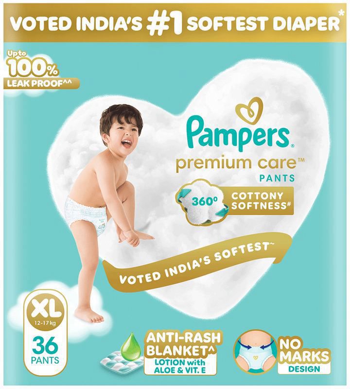 Pampers Premium Care Pants - No Marks Design - India’s Softest Diaper - Size XL (packet of 36 diapers)