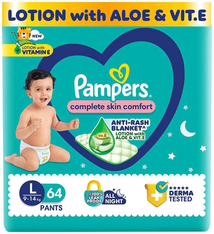 Pampers Complete Skin Comfort Pants - Anti-Rash blanket - Lotion with Vitamin E & Aloe Vera - Large (packet of 64 diapers)