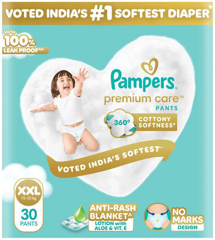 Pampers Premium Care Pants - No Marks Design - India’s Softest Diaper - Size XXL (packet of 30 diapers)