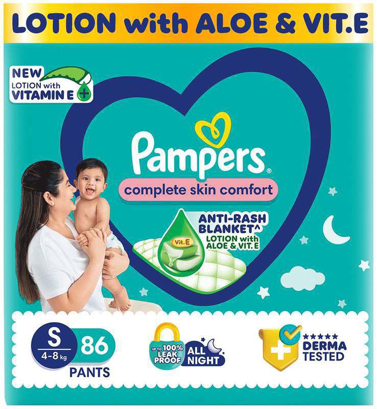 Pampers Complete Skin Comfort Pants - Anti-Rash blanket - Lotion with Vitamin E & Aloe Vera - Small (packet of 86 diapers)