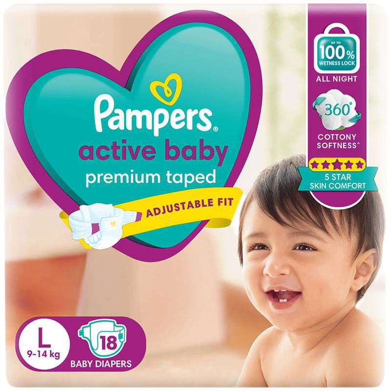 Pampers Diaper Active Baby Premium Adjustable Fit Large Taped (packet of 18 diapers)